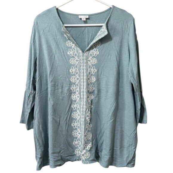 J. Jill Women Embroidered Popover Tunic Size XL 3/4 Sleeve V Neck Lightweight - Picture 1 of 11